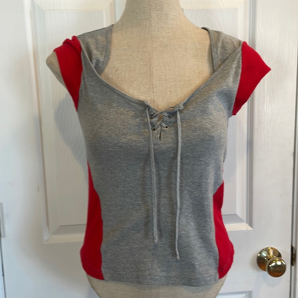 Vtg Tommy jeans womens top sexy lace up ties mesh gray embellish back stars sz M